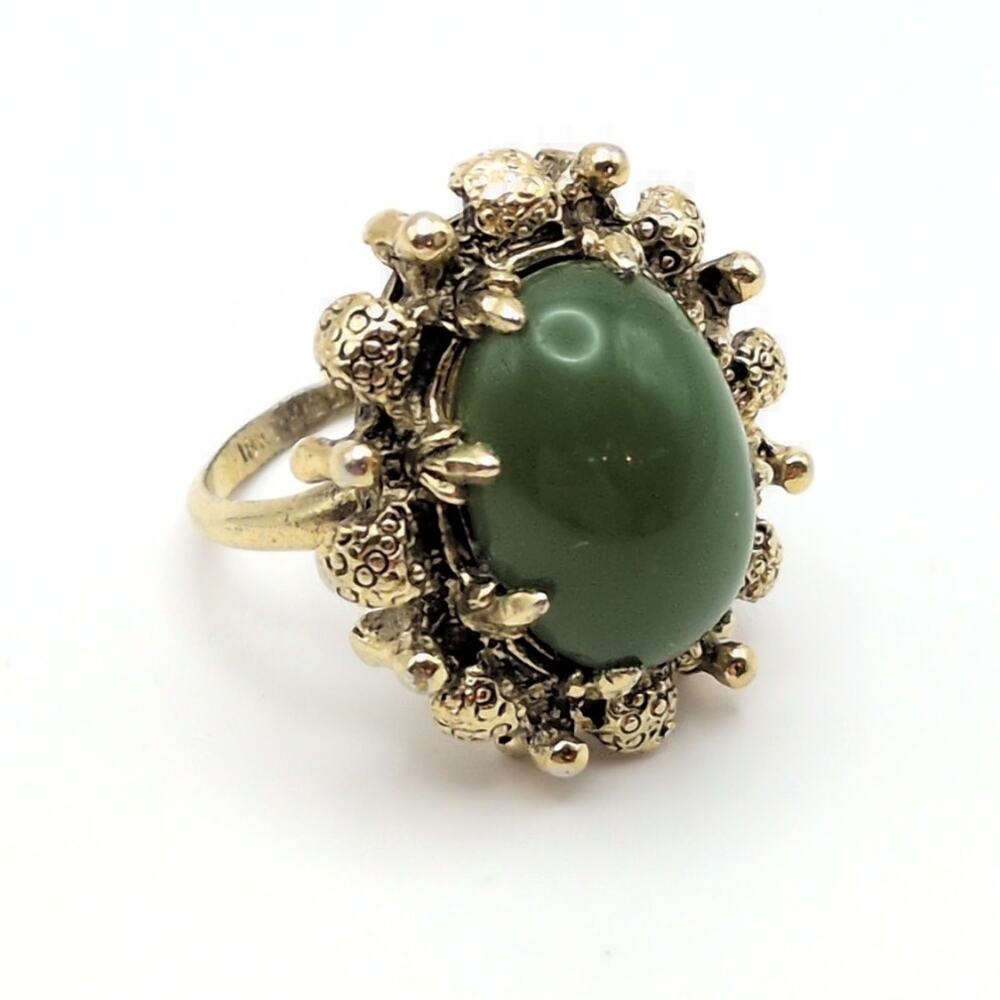 Vintage 18k HGE Gold Plated Green Glass Cabochon Statement Cocktail Ring 6.5